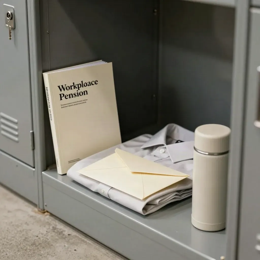 Locker shelf with pension pack, folded shirt, sealed envelope and thermos in soft daylight.