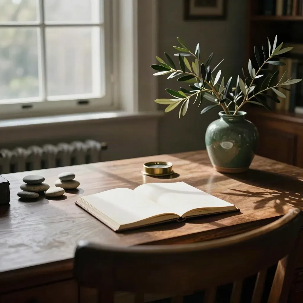 Quiet study with a closed notebook, stacked stones, and potted branch beside a window-lit desk.