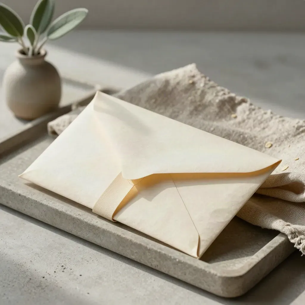 Pension envelopes loosening open beside a plant cutting and linen cloth on stone tray