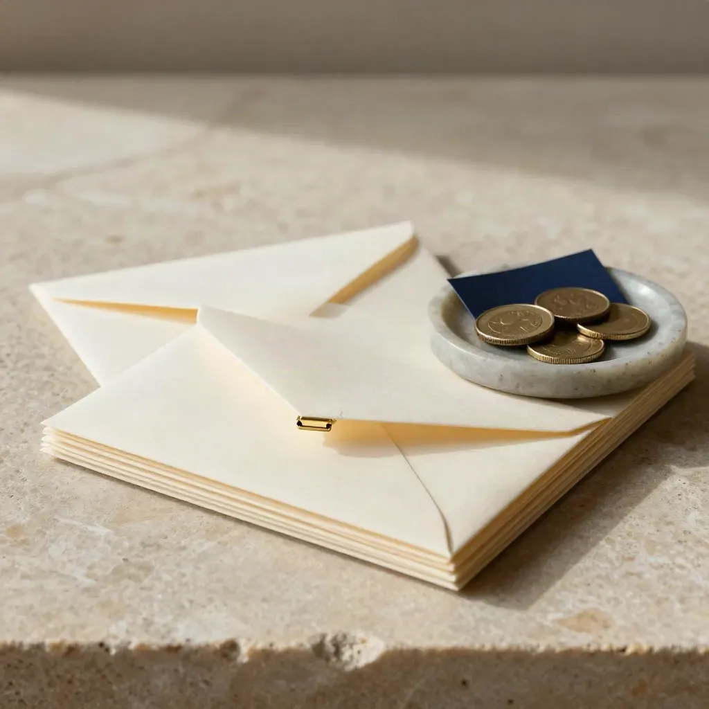 Top-down envelopes, brass clip and coin dish on pale stone with a navy accent.