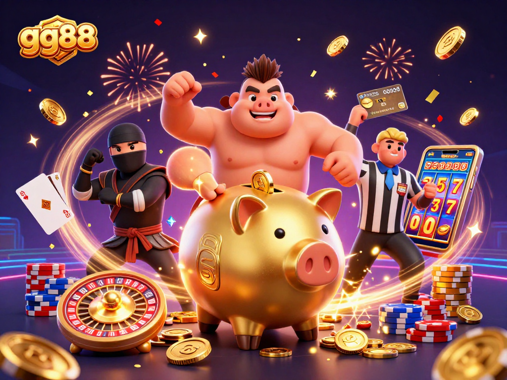 Experience thrilling casino action with gg88 featuring a dynamic golden piggy bank sumo wrestler and vibrant game elements.