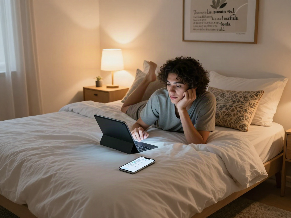 Exploring AI sex companion app in modern bedroom during intimate moments.