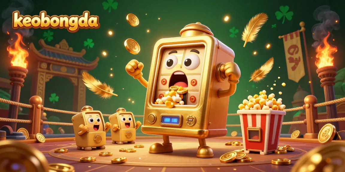 Experience the excitement of keobongda with a golden slot machine hitting a jackpot, surrounded by cheering baby machines and coins.