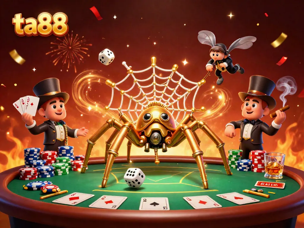 Enjoy thrilling gameplay with ta88 in a vibrant 3D casino scene featuring poker elements and golden spider.