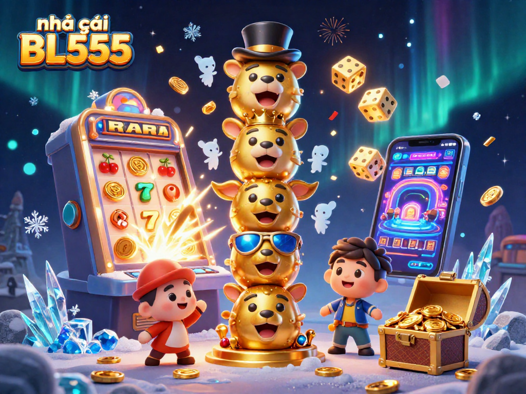 Win big at nhà cái BL555 with colorful casino games in a festive 3D illustration.