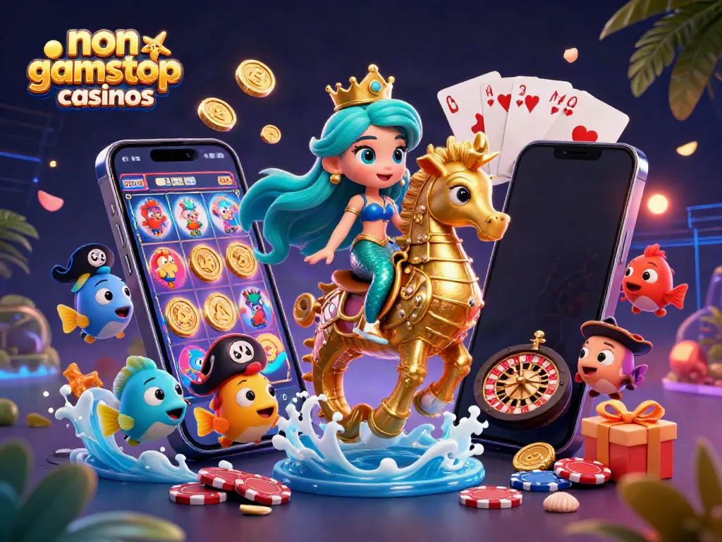 Engage with non gamstop casinos through vibrant 3D mermaid-themed casino illustration highlighting slots and games.