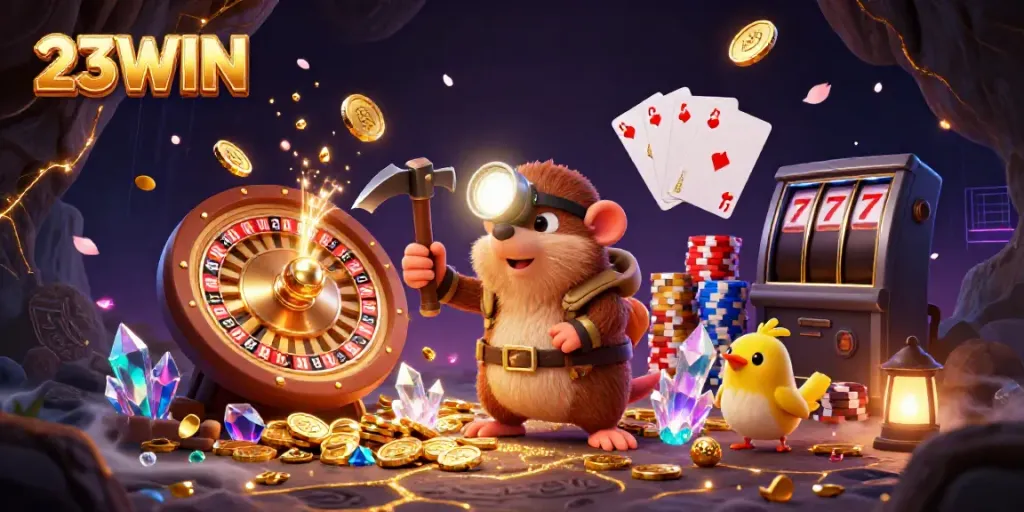 Engage with 23WIN through dynamic gameplay featuring a treasure hunter in a glimmering cave.