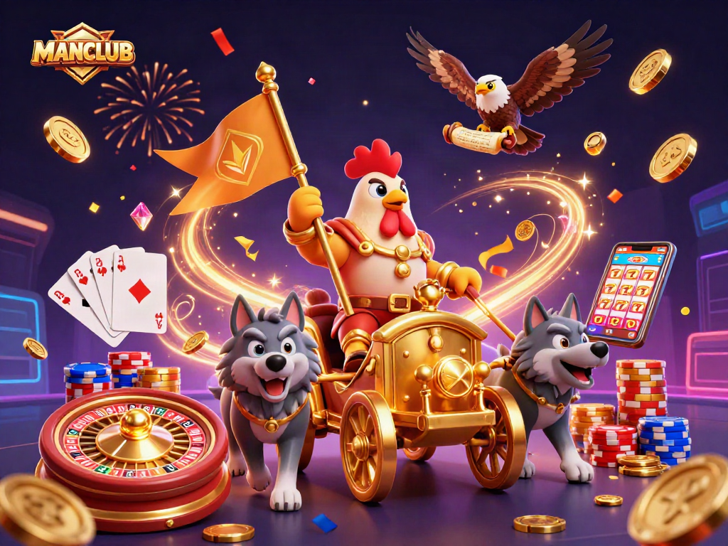 MANCLUB features a rooster warlord amidst a casino of golden coins and cards, showcasing epic gaming