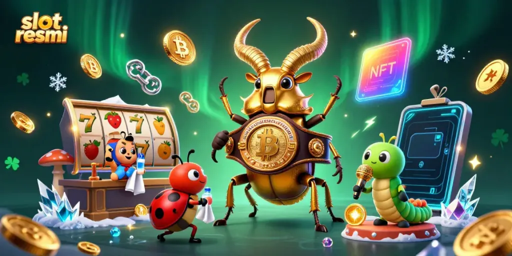 Experience slot resmi excitement with a giant beetle boxing champion amidst glowing crypto coins.