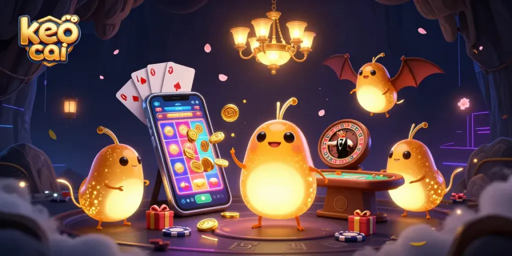 Experience keo nha cai gaming thrill with vibrant glowworms in a lively casino scene.