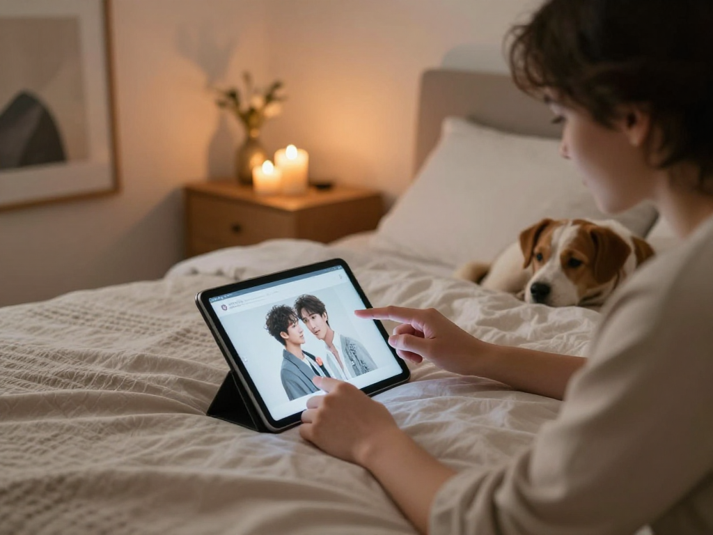 Engaging scene of a couple using AI sex technology in a cozy bedroom, exploring romantic digital content.
