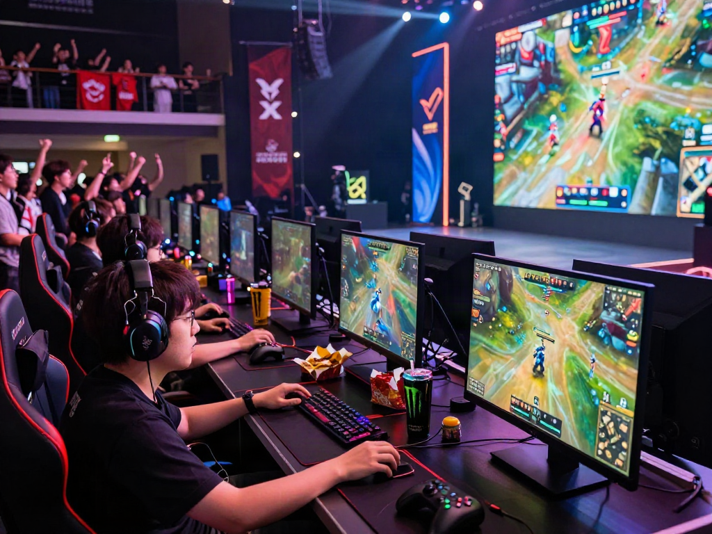 Esports tournament showcasing players focused on competitive xxx games in a vibrant arena setting.