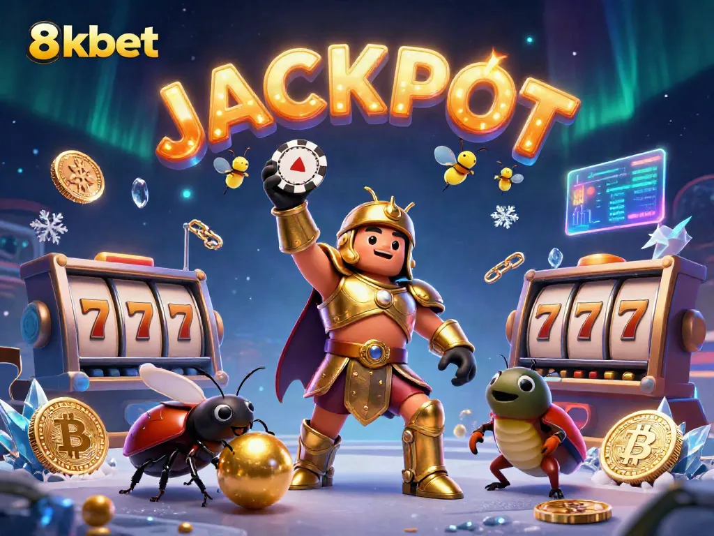 Engaging 3D illustration of 8kbet casino scene with a beetle character celebrating a jackpot.