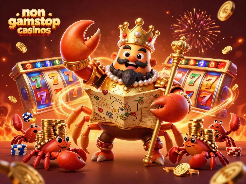 Engage with non gamstop casinos as a golden crab emperor leads a vibrant celebration of spinning slots.