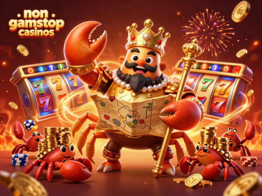 Engage with non gamstop casinos as a golden crab emperor leads a vibrant celebration of spinning slots.