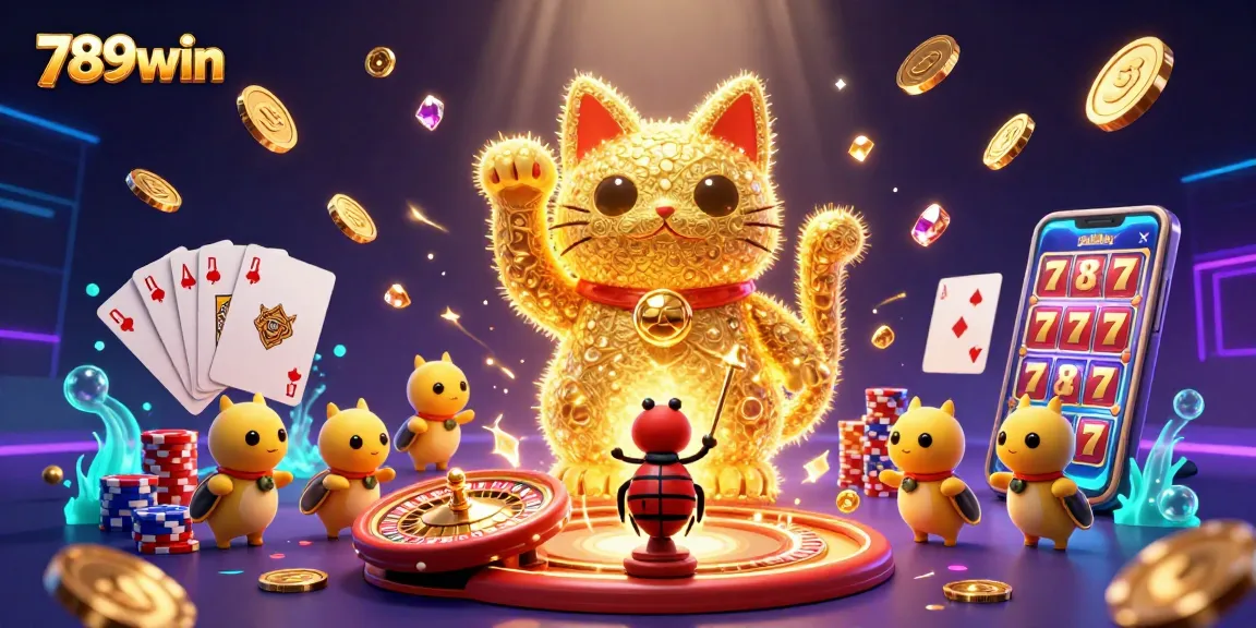 Experience the excitement of 789win with a dynamic casino-themed illustration featuring a lucky cat and vibrant game elements.