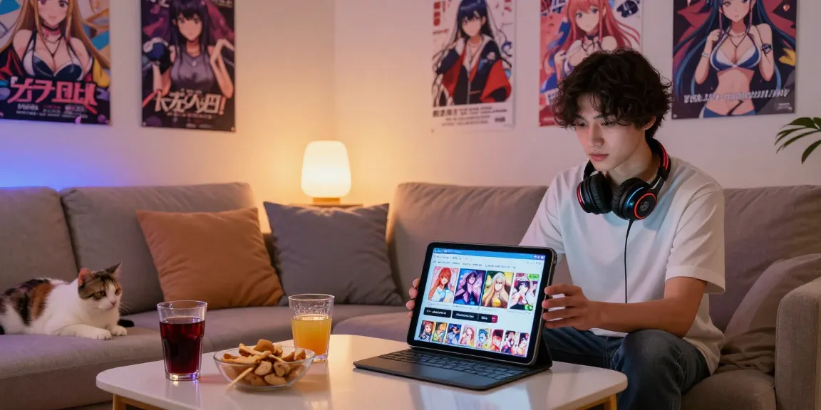 Player enjoying ecchi game online on a tablet in a cozy living room setting.