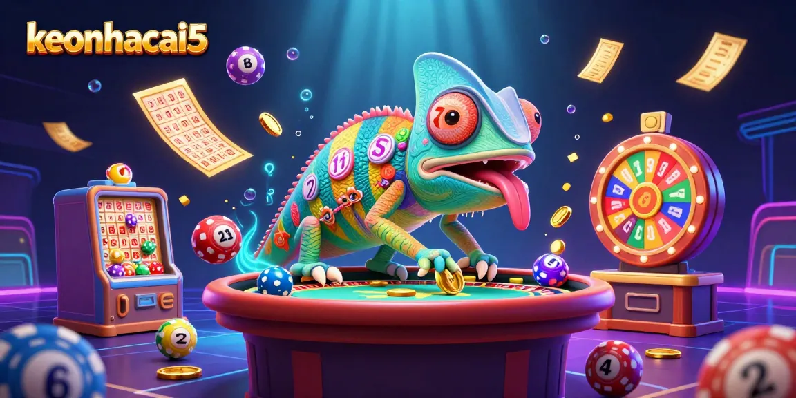 Engage with keonhacai5's vibrant casino scene featuring an animated chameleon character among dynamic lottery elements.