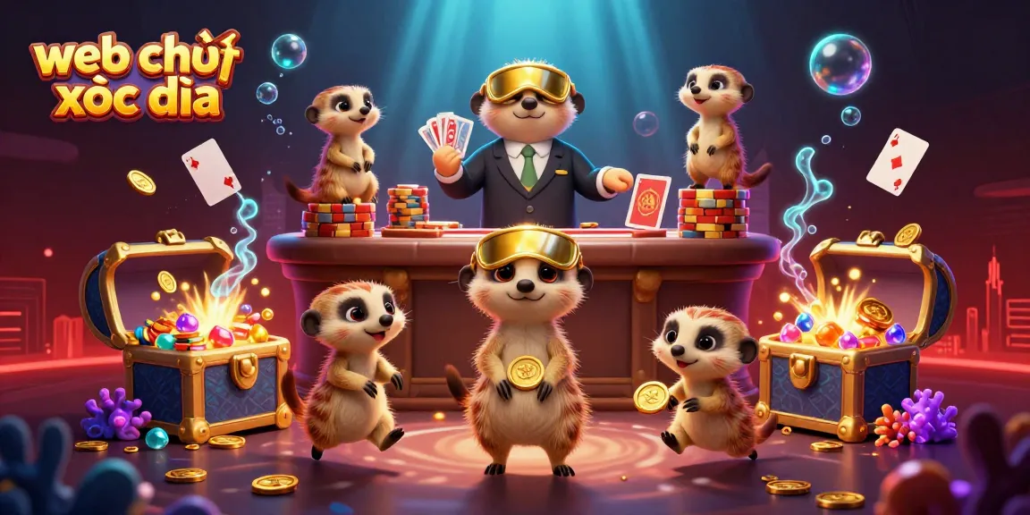 Experience web chơi xóc đĩa with a captivating 3D illustration of meerkats in an engaging casino scene.