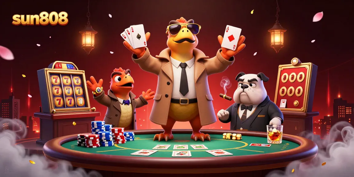 Experience sun808 with raptors in a trench coat attempting to access a VIP lounge in a vibrant casino scene.