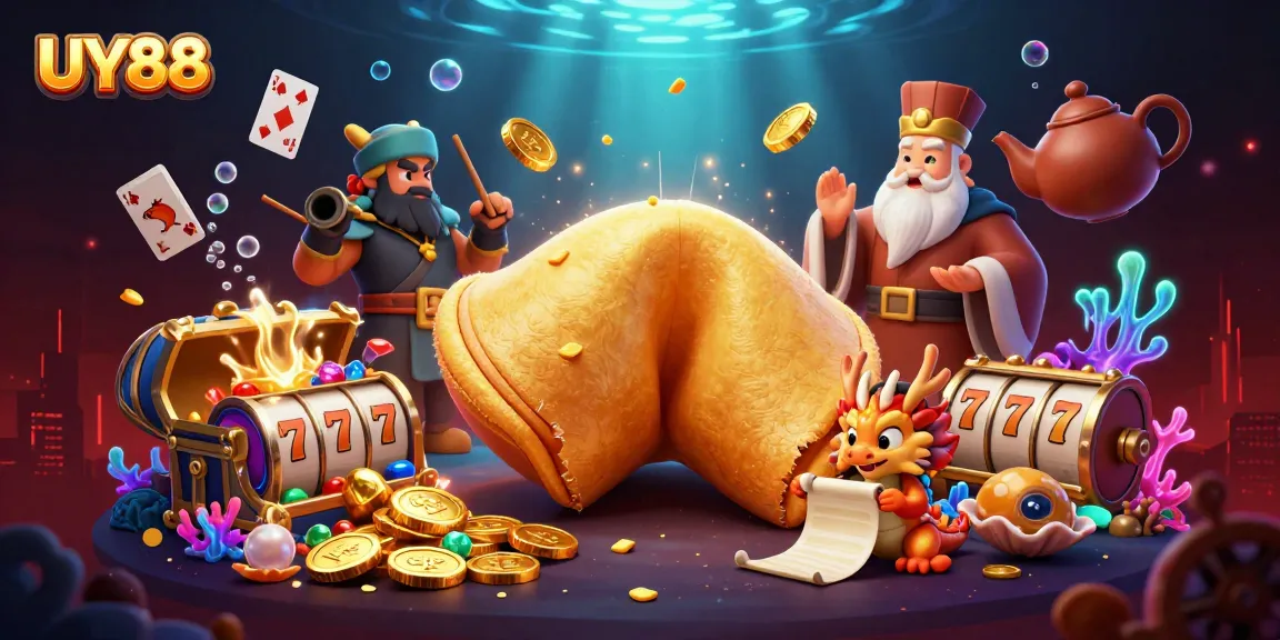 Play slots and win with UY88's golden fortune cookie illustration featuring mythical characters.