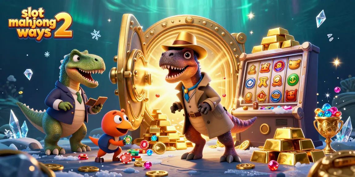 Experience the excitement of slot mahjong ways 2 with a cartoon velociraptor counter at a vibrant casino scene.