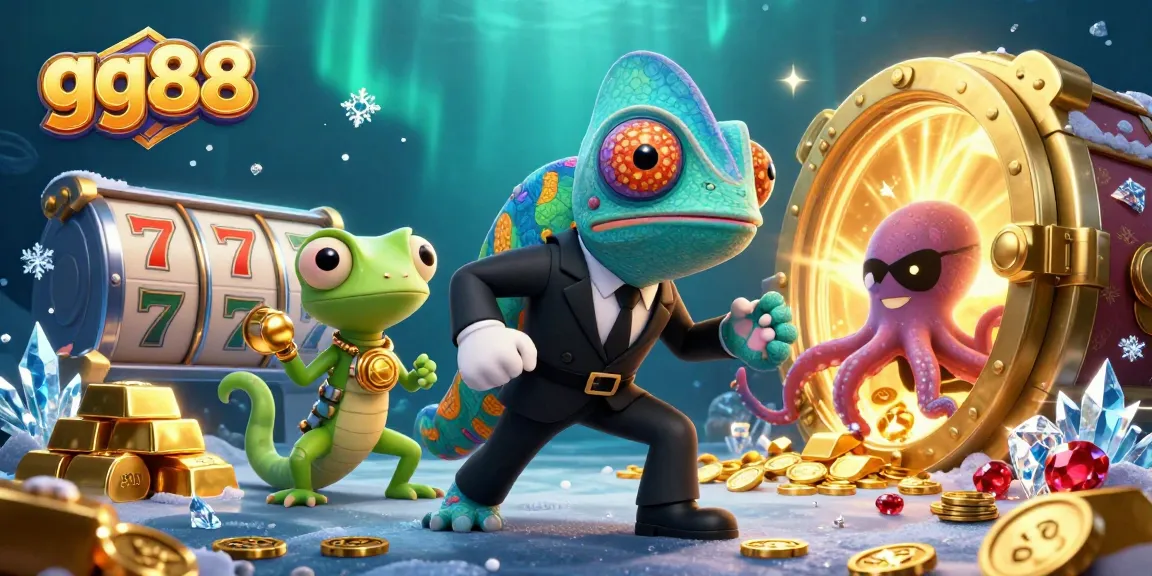 Experience the thrill at gg88 with captivating 3D casino artwork featuring a chameleon and friends.