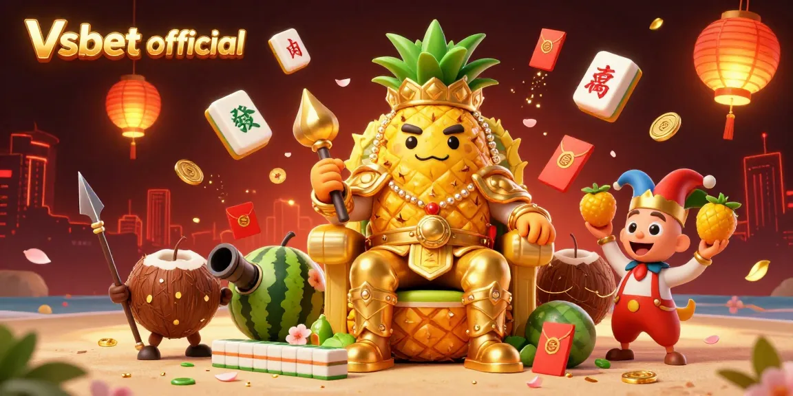 Experience vibrant gaming action with Vsbet official at a dynamic beach casino scene featuring a golden pineapple king and lively characters.