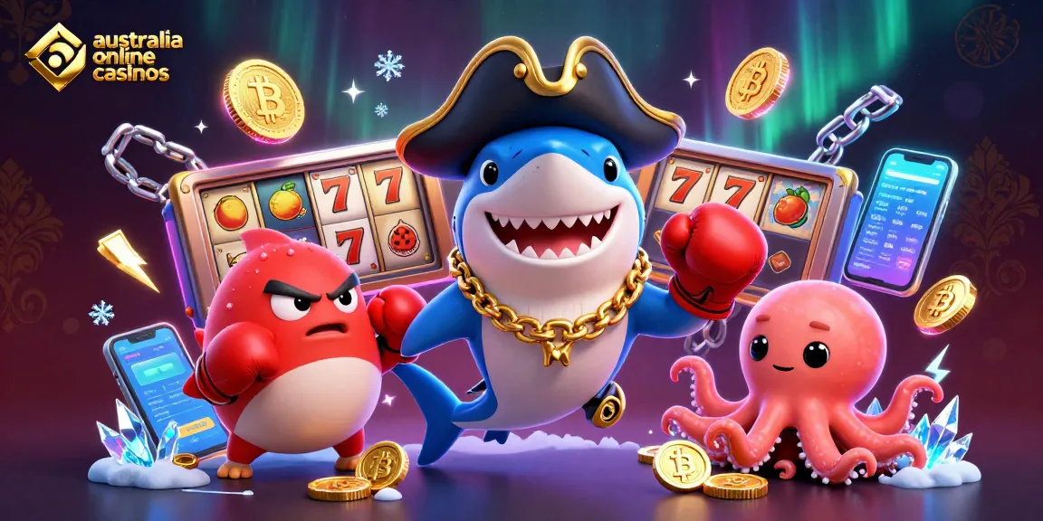 Engage in australia online casinos with an exciting 3D illustration featuring a pirate shark and gold coins.