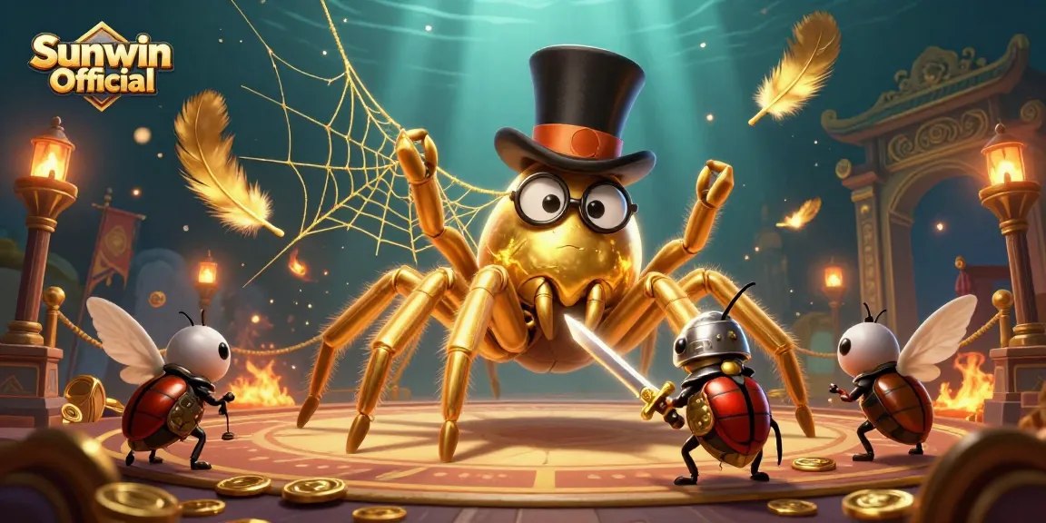 Engage with Sunwin Official as a golden tarantula weaves a casino-themed web with vibrant details.