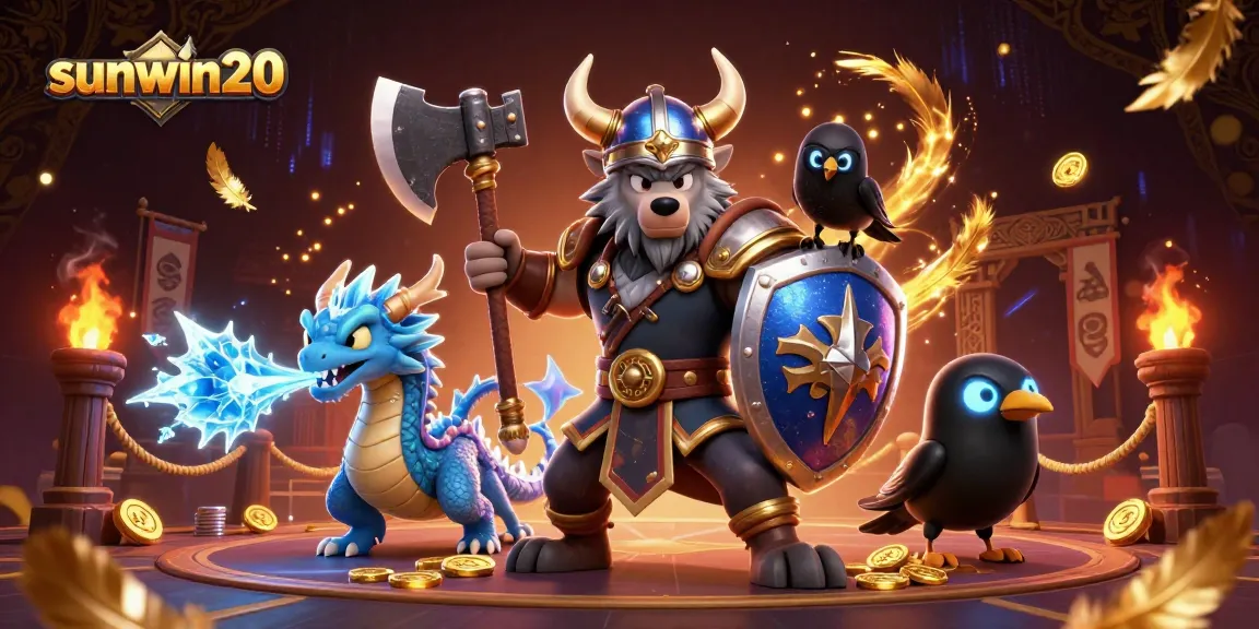 Engage in thrilling bets at sunwin20 with a dynamic 3D illustration of a Viking wolf warrior and mythical creatures.