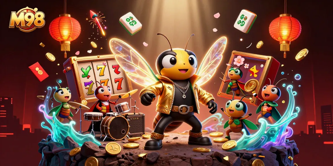 M98 spins lucky 7s with vibrant slot reels in a dynamic casino scene